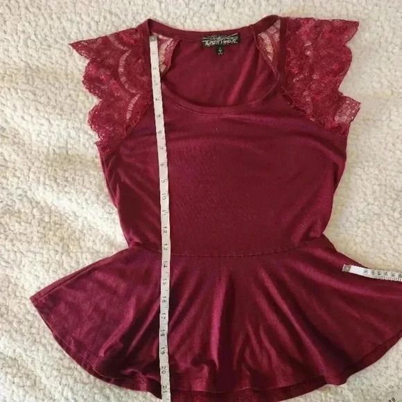 Burgundy Lace Sleeve Peplum Top, Small - Picture 4 of 6